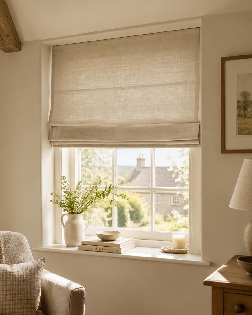 A Roman blind half-drawn at a cottage window