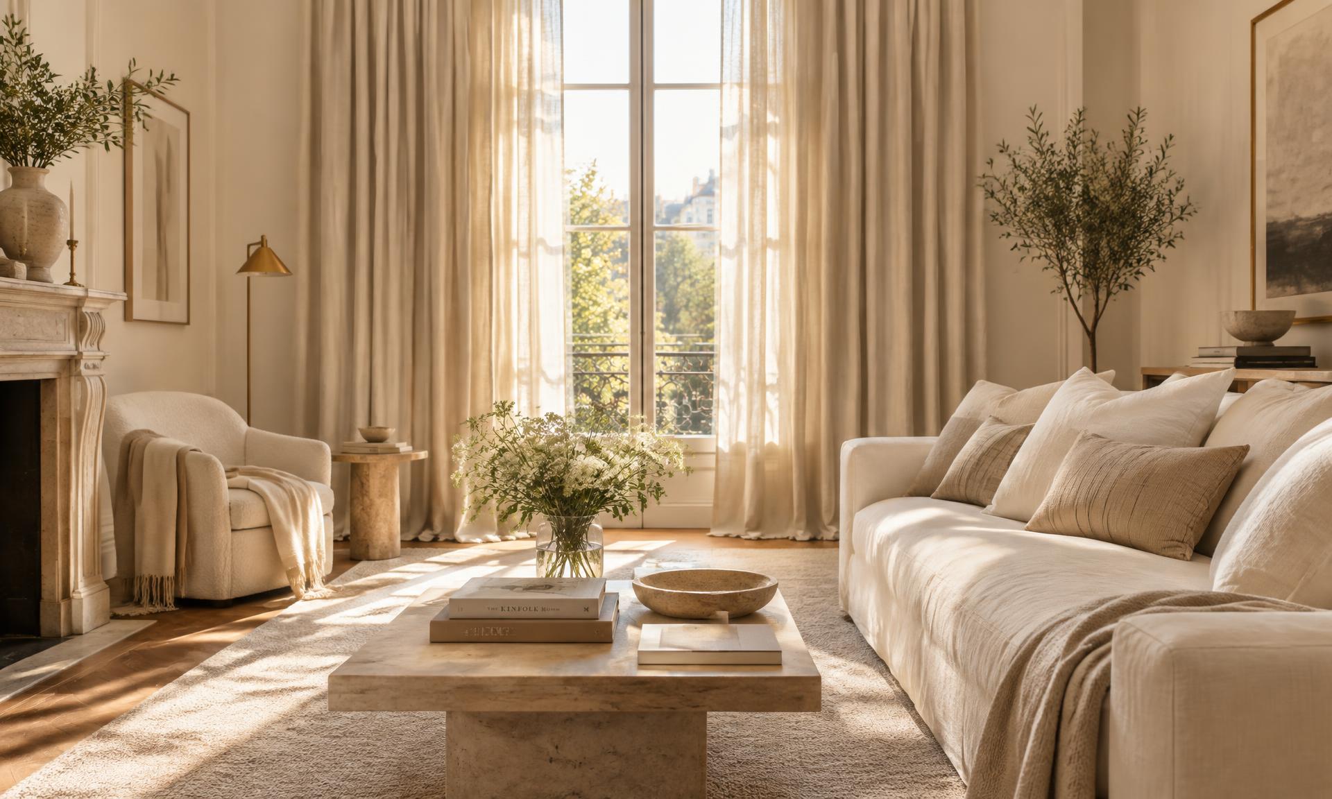 A sunlit cream living room with floor-to-ceiling linen curtains and bespoke cushions